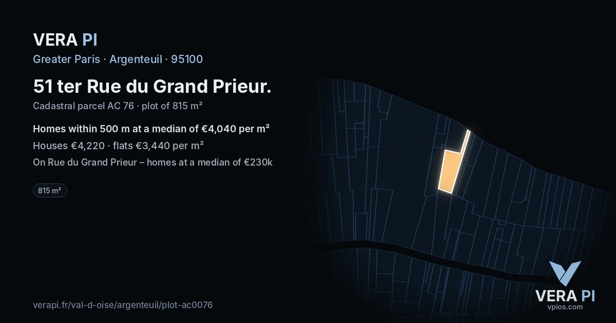 51 ter Rue du Grand Prieur, Argenteuil at night – the plot lit, the parcels around coloured by the prices near them