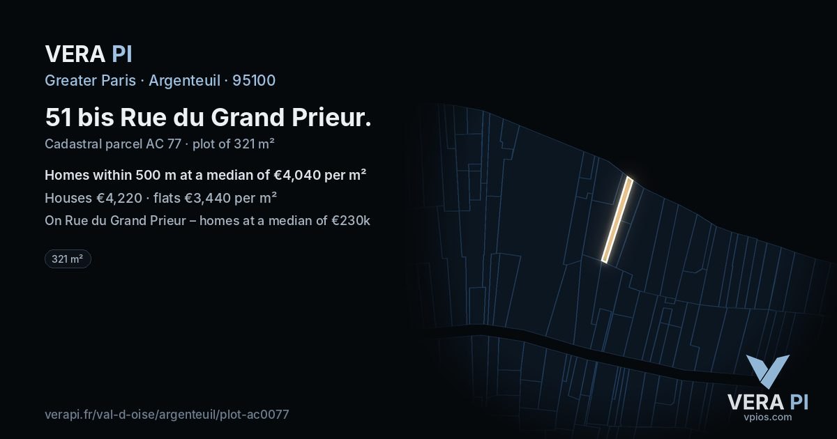 51 bis Rue du Grand Prieur, Argenteuil at night – the plot lit, the parcels around coloured by the prices near them