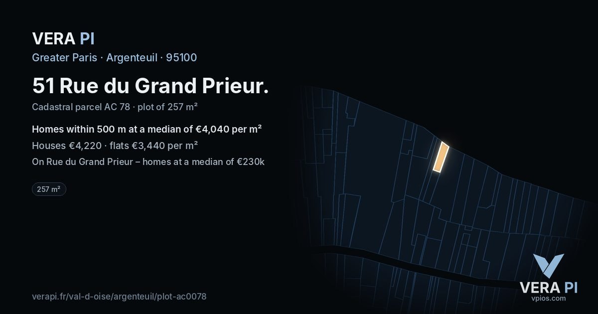 51 Rue du Grand Prieur, Argenteuil at night – the plot lit, the parcels around coloured by the prices near them