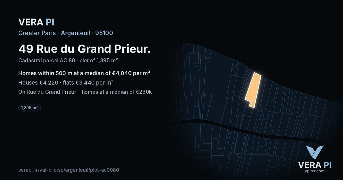 49 Rue du Grand Prieur, Argenteuil at night – the plot lit, the parcels around coloured by the prices near them