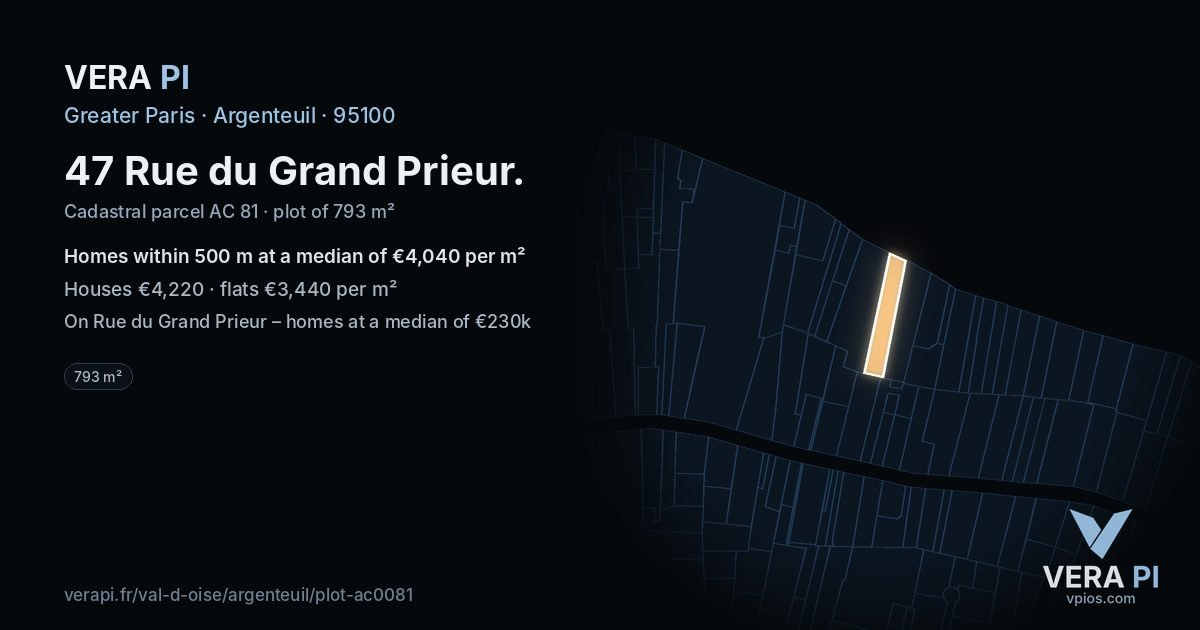 47 Rue du Grand Prieur, Argenteuil at night – the plot lit, the parcels around coloured by the prices near them