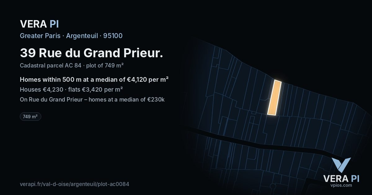 39 Rue du Grand Prieur, Argenteuil at night – the plot lit, the parcels around coloured by the prices near them