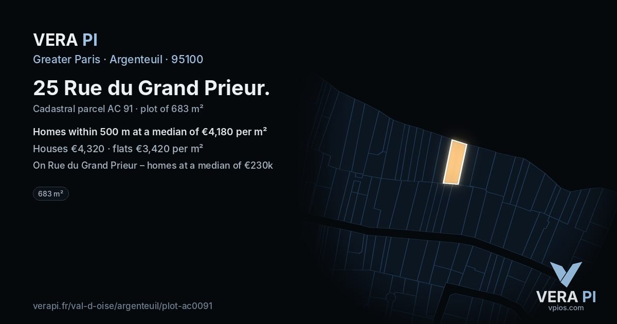 25 Rue du Grand Prieur, Argenteuil at night – the plot lit, the parcels around coloured by the prices near them