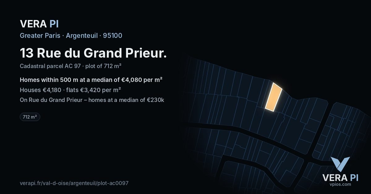 13 Rue du Grand Prieur, Argenteuil at night – the plot lit, the parcels around coloured by the prices near them