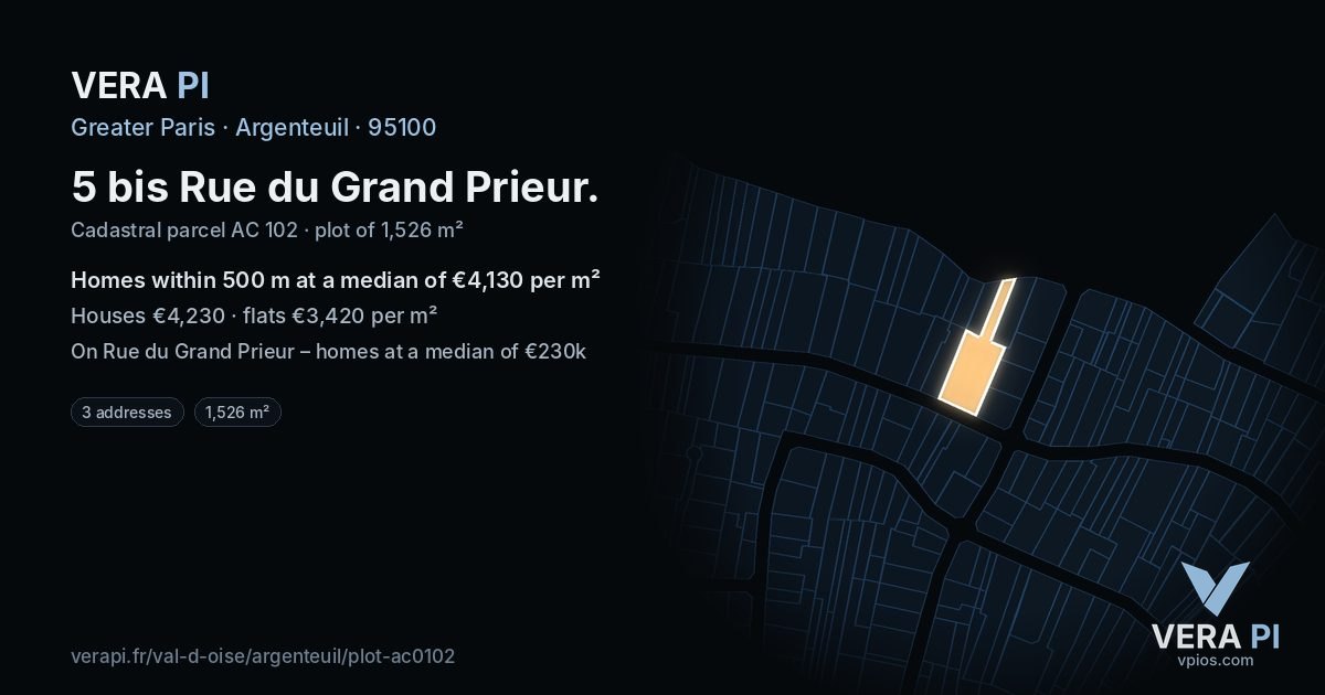 5 bis Rue du Grand Prieur, Argenteuil at night – the plot lit, the parcels around coloured by the prices near them