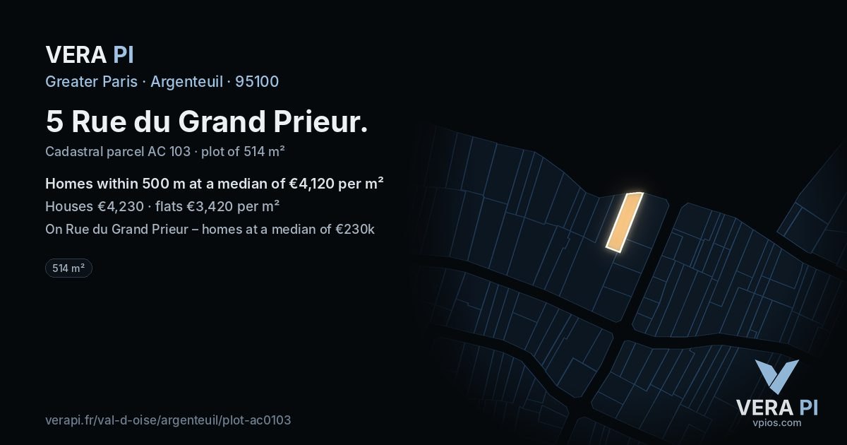 5 Rue du Grand Prieur, Argenteuil at night – the plot lit, the parcels around coloured by the prices near them