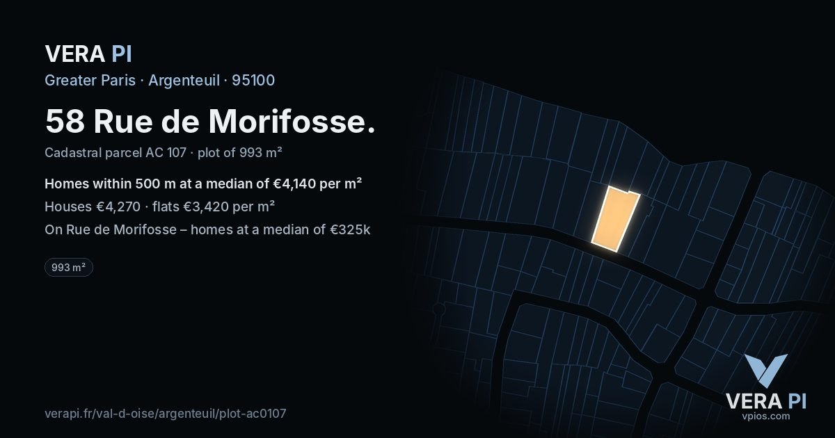 58 Rue de Morifosse, Argenteuil at night – the plot lit, the parcels around coloured by the prices near them