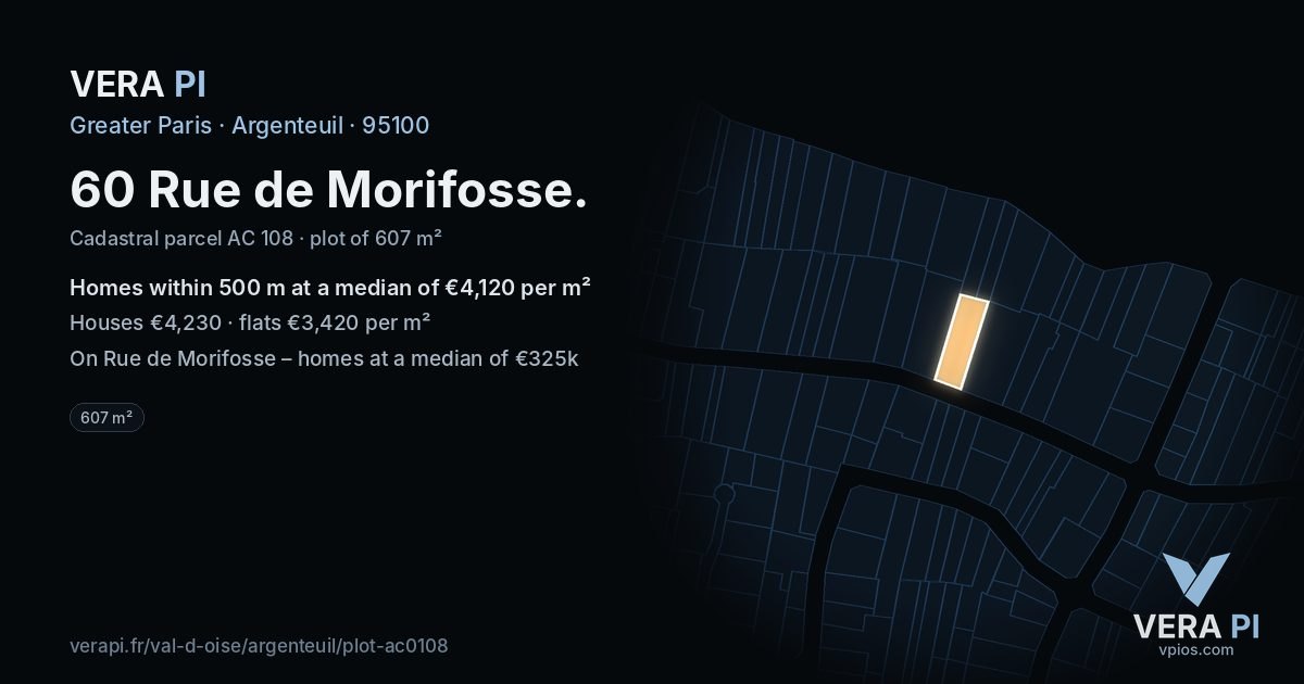 60 Rue de Morifosse, Argenteuil at night – the plot lit, the parcels around coloured by the prices near them