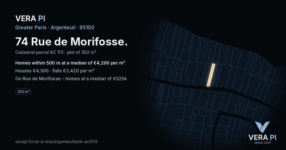 74 Rue de Morifosse, Argenteuil at night – the plot lit, the parcels around coloured by the prices near them