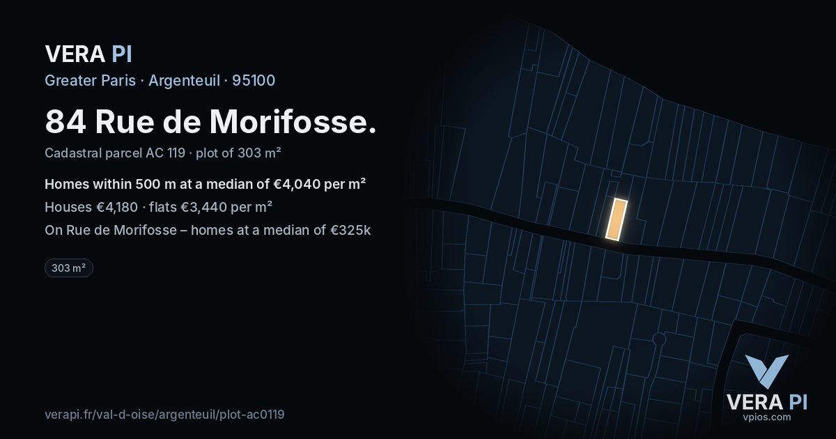 84 Rue de Morifosse, Argenteuil at night – the plot lit, the parcels around coloured by the prices near them
