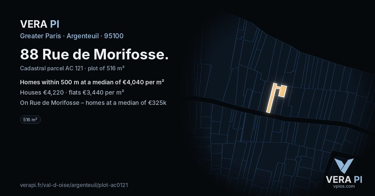 88 Rue de Morifosse, Argenteuil at night – the plot lit, the parcels around coloured by the prices near them