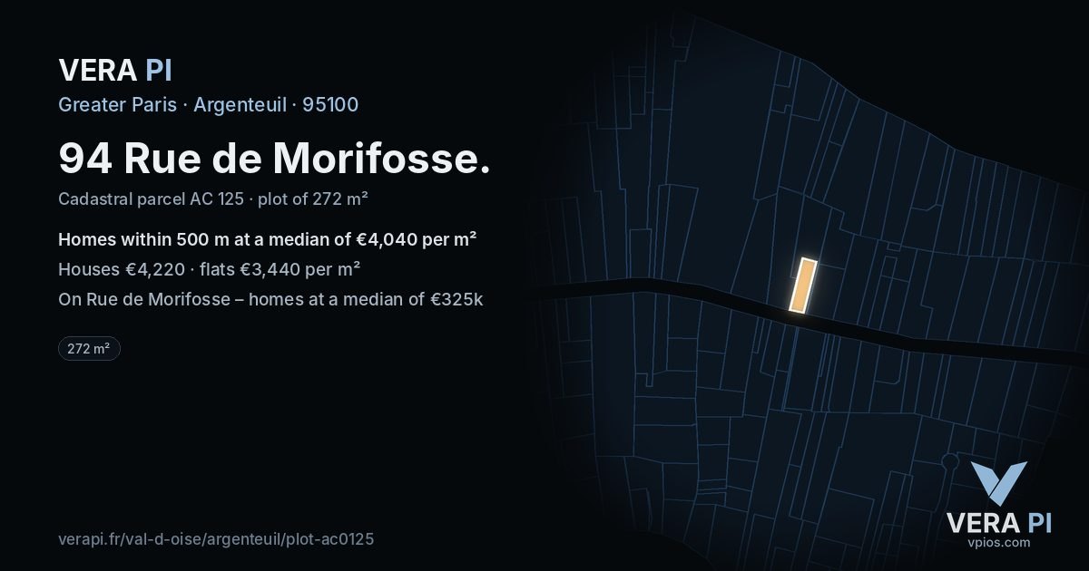 94 Rue de Morifosse, Argenteuil at night – the plot lit, the parcels around coloured by the prices near them