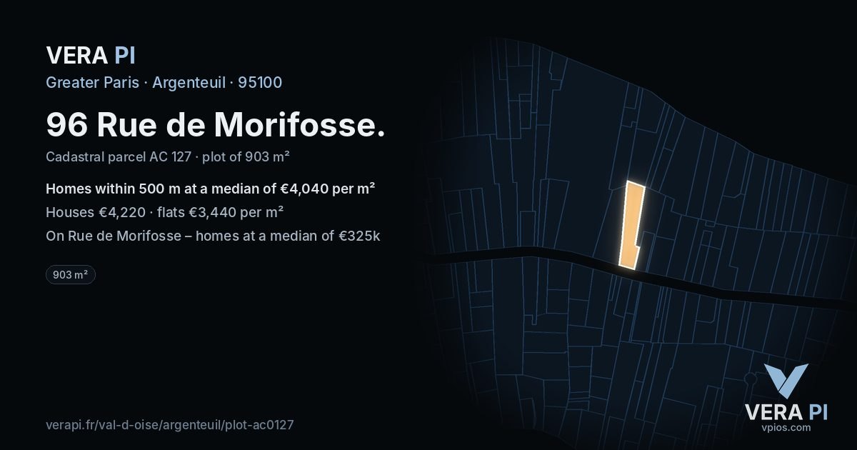 96 Rue de Morifosse, Argenteuil at night – the plot lit, the parcels around coloured by the prices near them