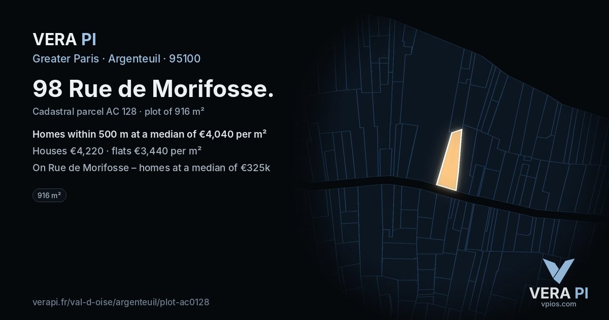 98 Rue de Morifosse, Argenteuil at night – the plot lit, the parcels around coloured by the prices near them
