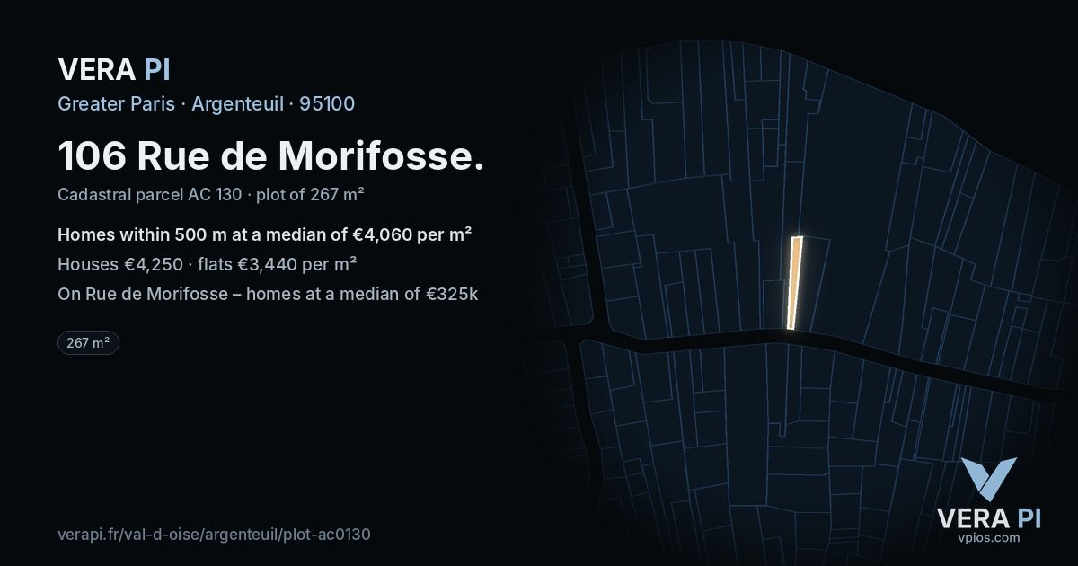 106 Rue de Morifosse, Argenteuil at night – the plot lit, the parcels around coloured by the prices near them