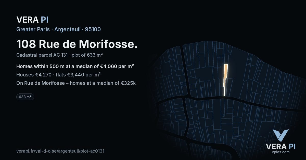 108 Rue de Morifosse, Argenteuil at night – the plot lit, the parcels around coloured by the prices near them