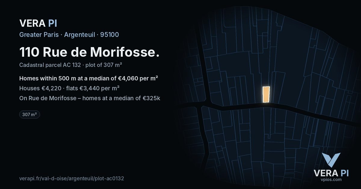110 Rue de Morifosse, Argenteuil at night – the plot lit, the parcels around coloured by the prices near them
