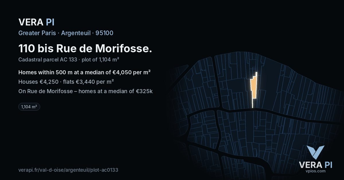 110 bis Rue de Morifosse, Argenteuil at night – the plot lit, the parcels around coloured by the prices near them