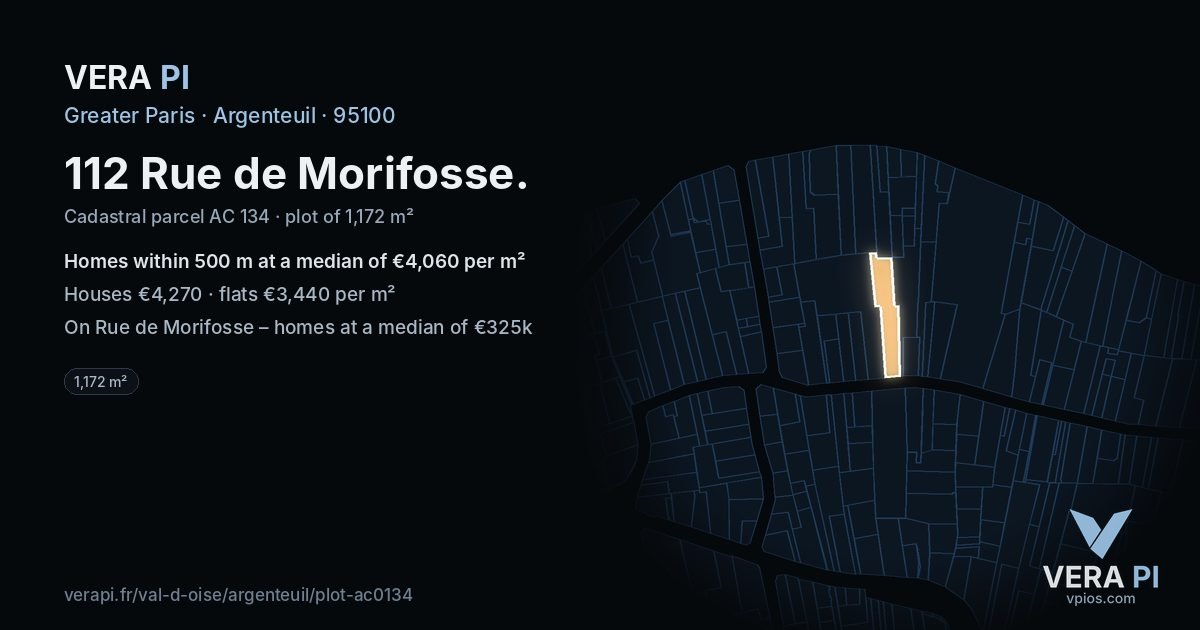 112 Rue de Morifosse, Argenteuil at night – the plot lit, the parcels around coloured by the prices near them