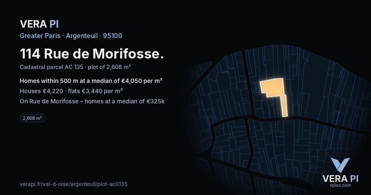 114 Rue de Morifosse, Argenteuil at night – the plot lit, the parcels around coloured by the prices near them