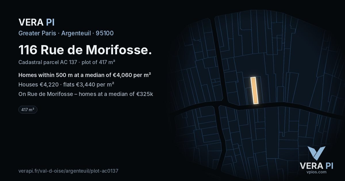 116 Rue de Morifosse, Argenteuil at night – the plot lit, the parcels around coloured by the prices near them