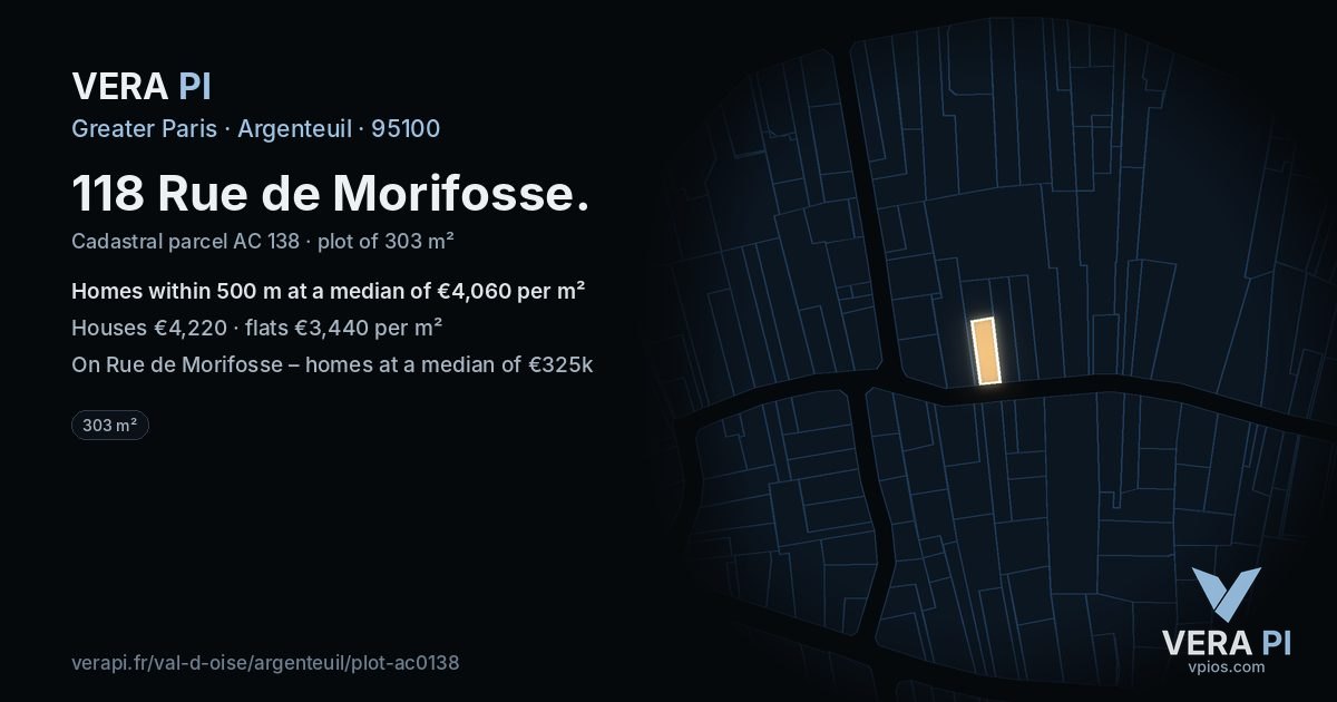 118 Rue de Morifosse, Argenteuil at night – the plot lit, the parcels around coloured by the prices near them