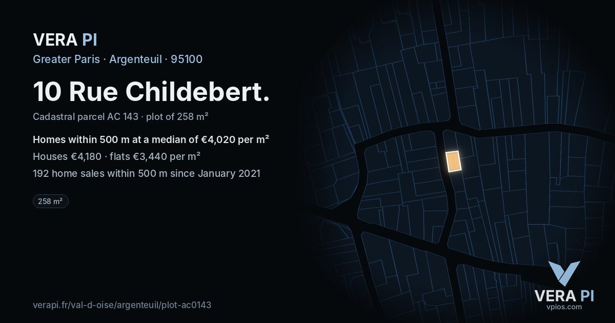 10 Rue Childebert, Argenteuil at night – the plot lit, the parcels around coloured by the prices near them