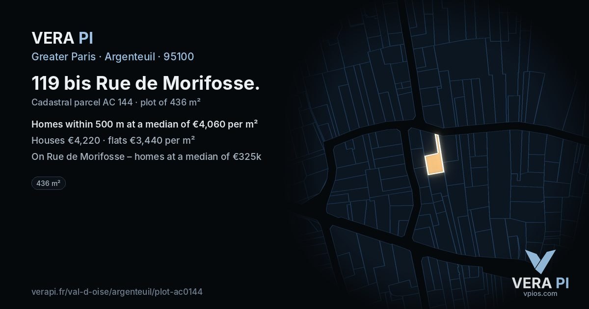 119 bis Rue de Morifosse, Argenteuil at night – the plot lit, the parcels around coloured by the prices near them