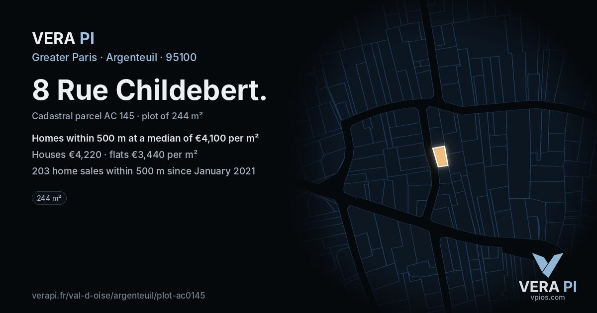 8 Rue Childebert, Argenteuil at night – the plot lit, the parcels around coloured by the prices near them