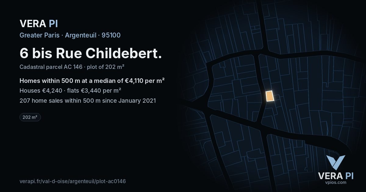 6 bis Rue Childebert, Argenteuil at night – the plot lit, the parcels around coloured by the prices near them