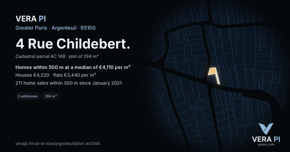 4 Rue Childebert, Argenteuil at night – the plot lit, the parcels around coloured by the prices near them