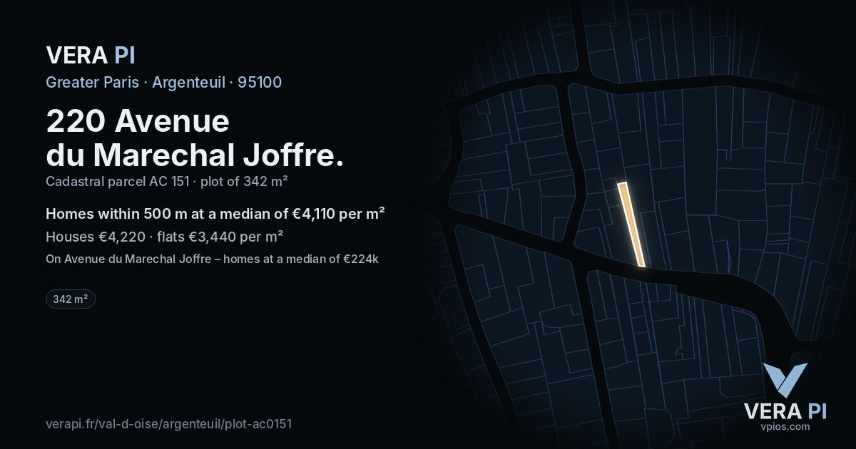 220 Avenue du Marechal Joffre, Argenteuil at night – the plot lit, the parcels around coloured by the prices near them