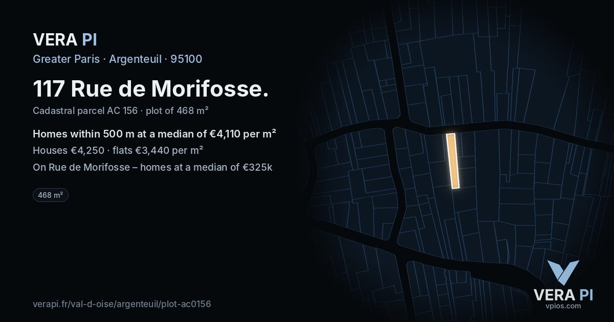 117 Rue de Morifosse, Argenteuil at night – the plot lit, the parcels around coloured by the prices near them