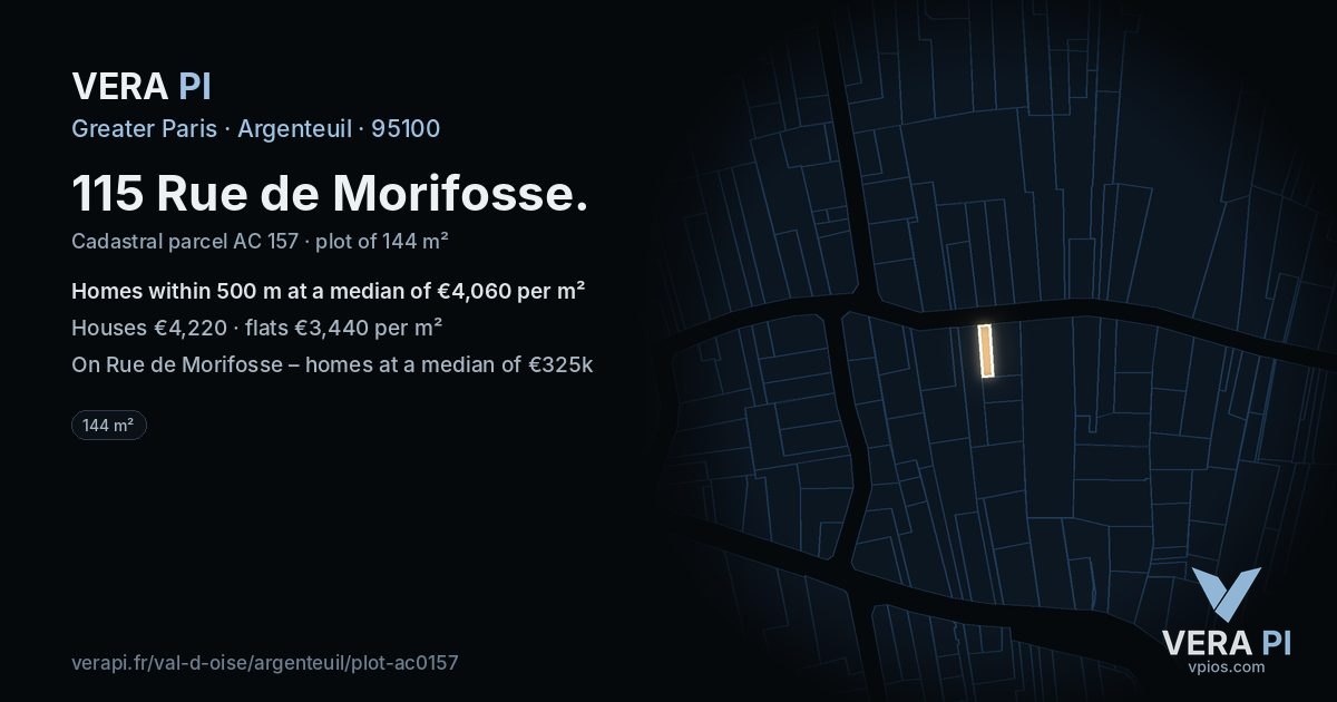 115 Rue de Morifosse, Argenteuil at night – the plot lit, the parcels around coloured by the prices near them