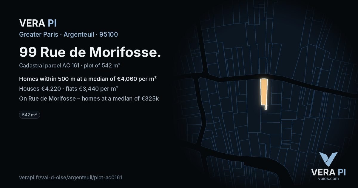 99 Rue de Morifosse, Argenteuil at night – the plot lit, the parcels around coloured by the prices near them