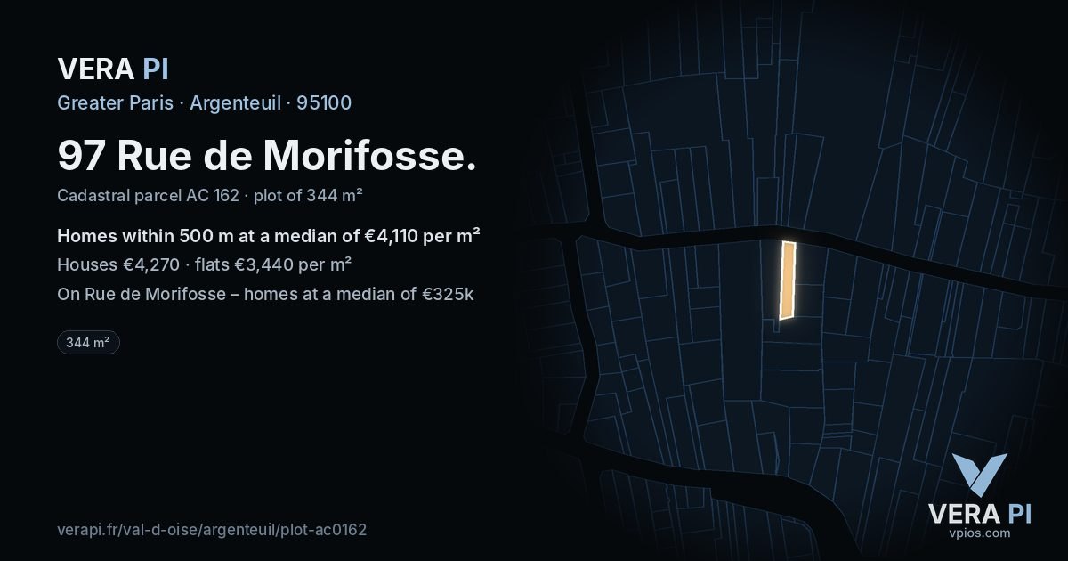 97 Rue de Morifosse, Argenteuil at night – the plot lit, the parcels around coloured by the prices near them