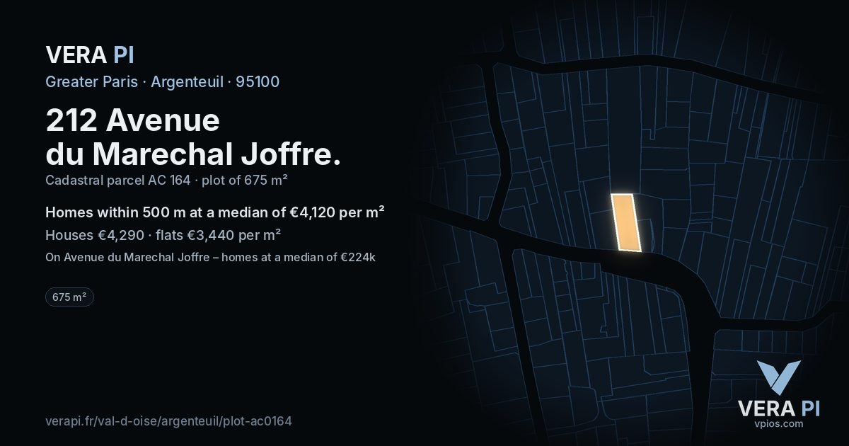 212 Avenue du Marechal Joffre, Argenteuil at night – the plot lit, the parcels around coloured by the prices near them