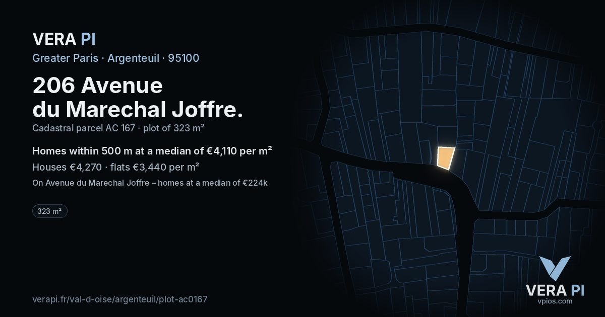 206 Avenue du Marechal Joffre, Argenteuil at night – the plot lit, the parcels around coloured by the prices near them