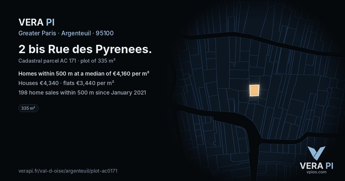 2 bis Rue des Pyrenees, Argenteuil at night – the plot lit, the parcels around coloured by the prices near them