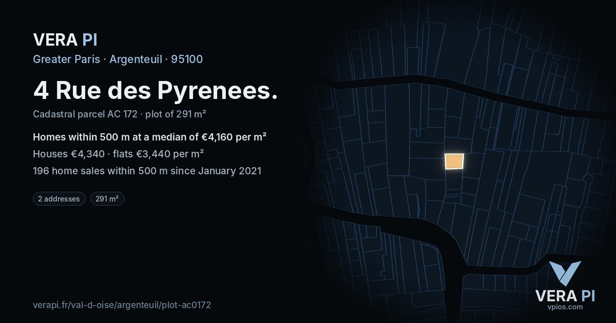 4 Rue des Pyrenees, Argenteuil at night – the plot lit, the parcels around coloured by the prices near them
