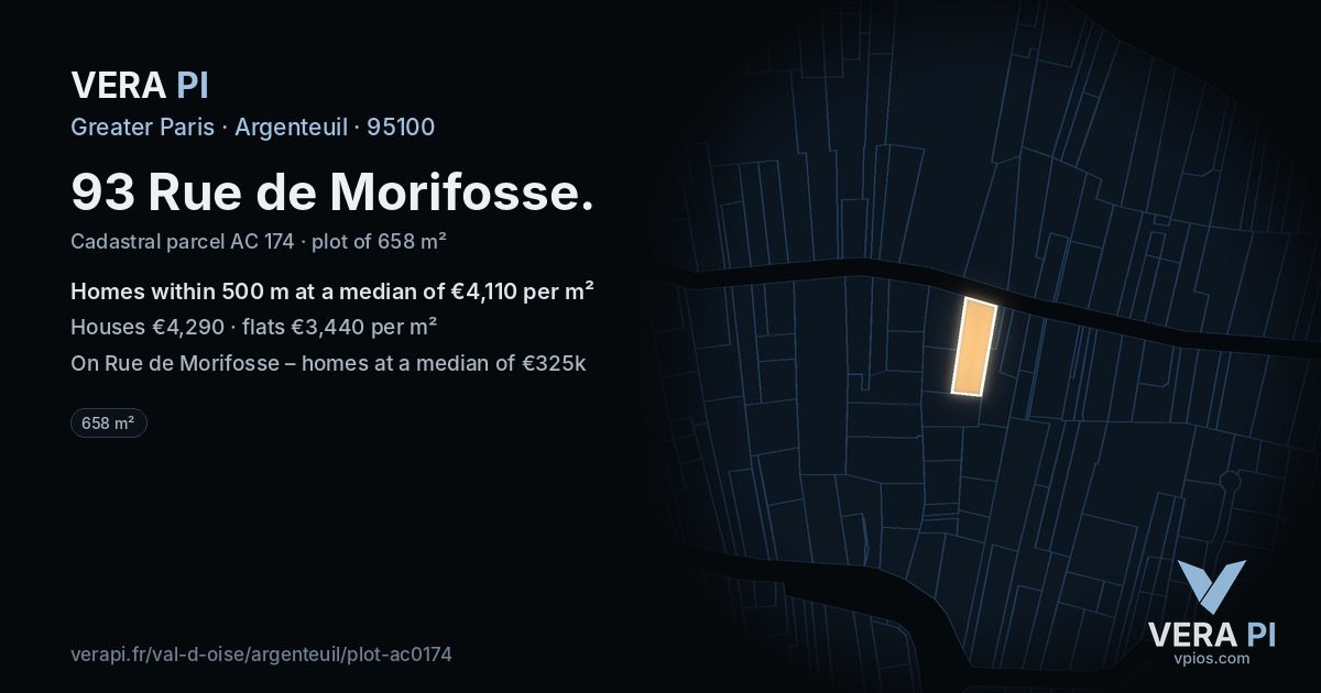 93 Rue de Morifosse, Argenteuil at night – the plot lit, the parcels around coloured by the prices near them