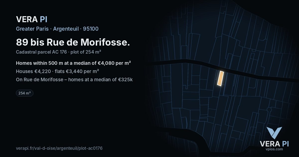 89 bis Rue de Morifosse, Argenteuil at night – the plot lit, the parcels around coloured by the prices near them