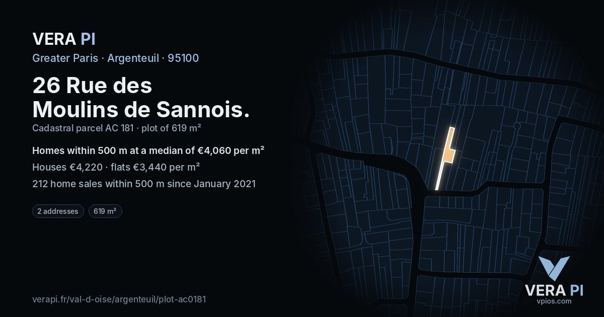 26 Rue des Moulins de Sannois, Argenteuil at night – the plot lit, the parcels around coloured by the prices near them