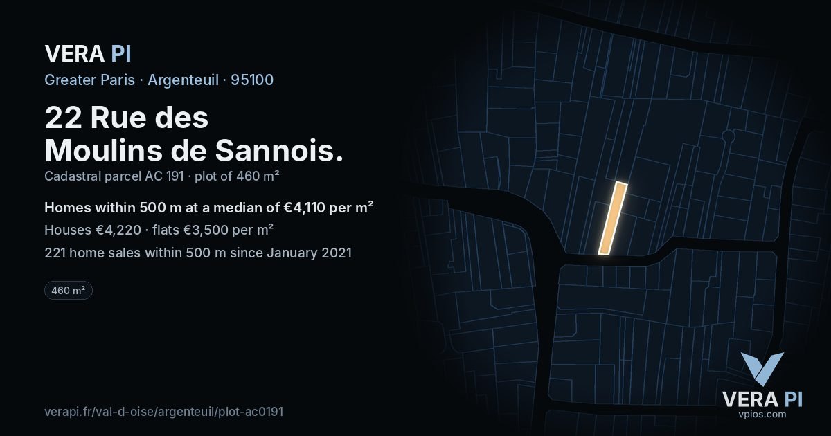 22 Rue des Moulins de Sannois, Argenteuil at night – the plot lit, the parcels around coloured by the prices near them