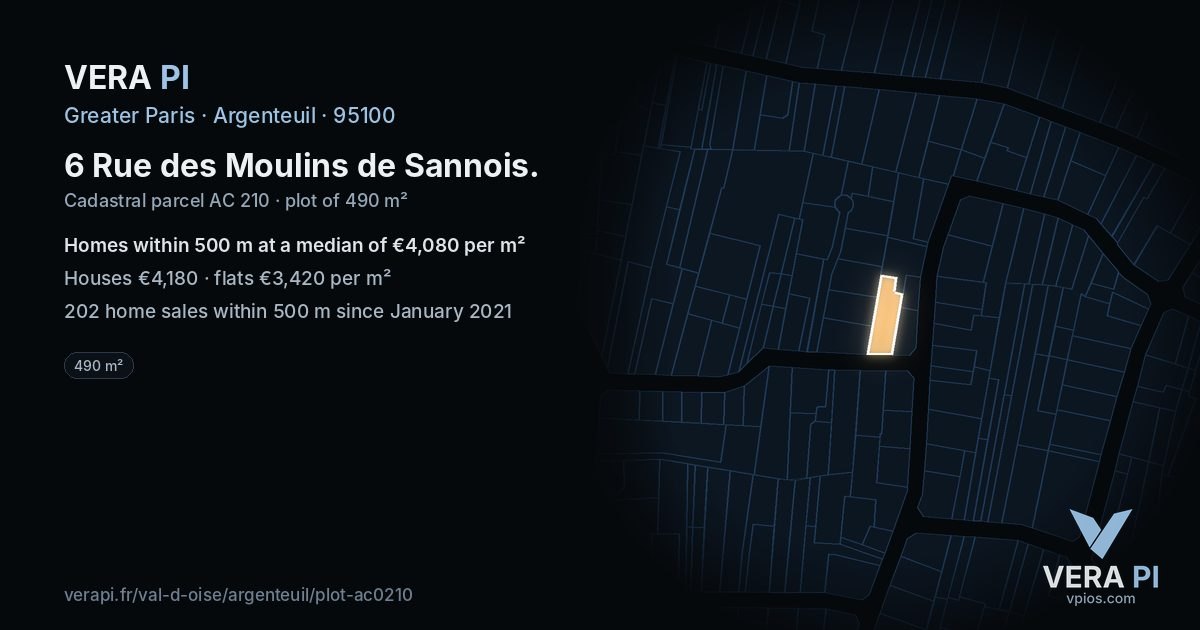 6 Rue des Moulins de Sannois, Argenteuil at night – the plot lit, the parcels around coloured by the prices near them
