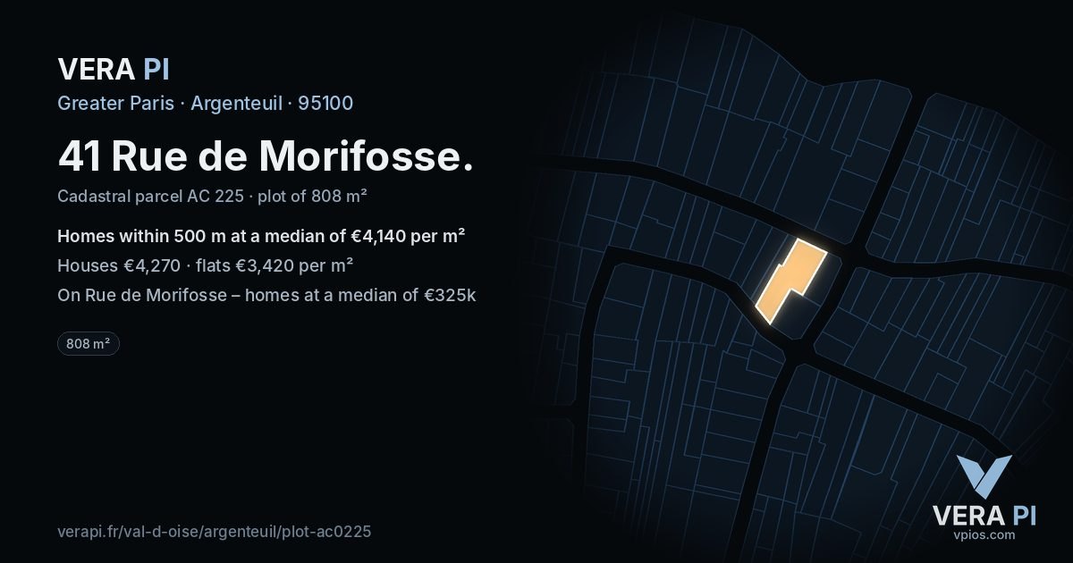 41 Rue de Morifosse, Argenteuil at night – the plot lit, the parcels around coloured by the prices near them