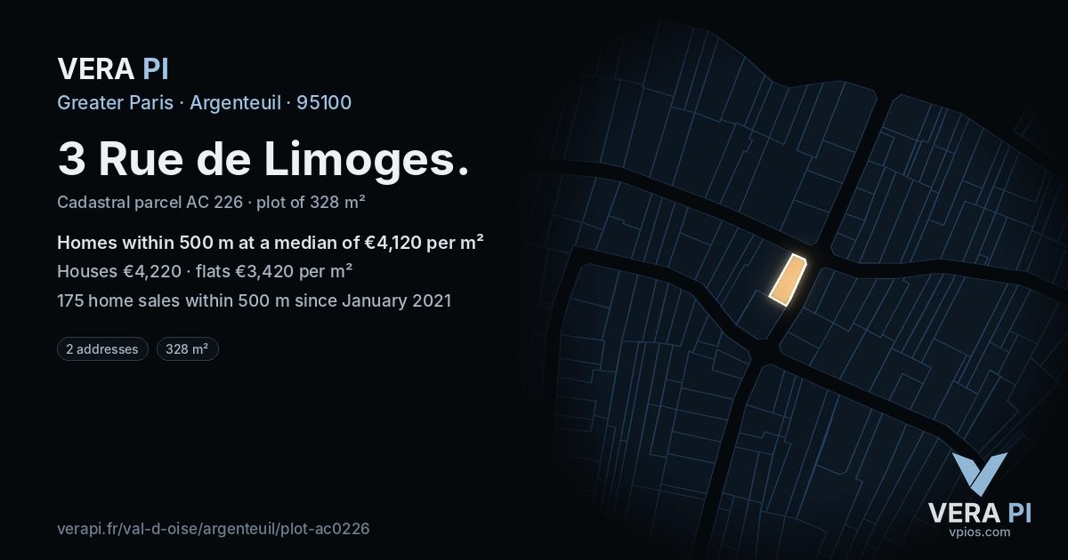 3 Rue de Limoges, Argenteuil at night – the plot lit, the parcels around coloured by the prices near them