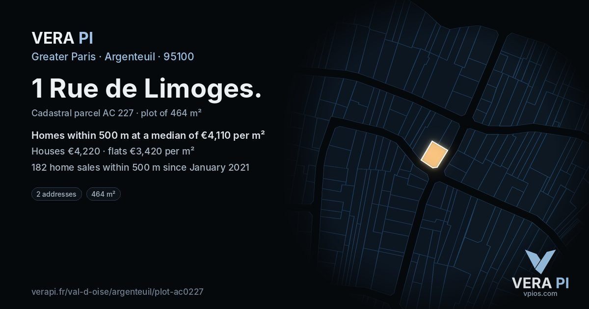 1 Rue de Limoges, Argenteuil at night – the plot lit, the parcels around coloured by the prices near them
