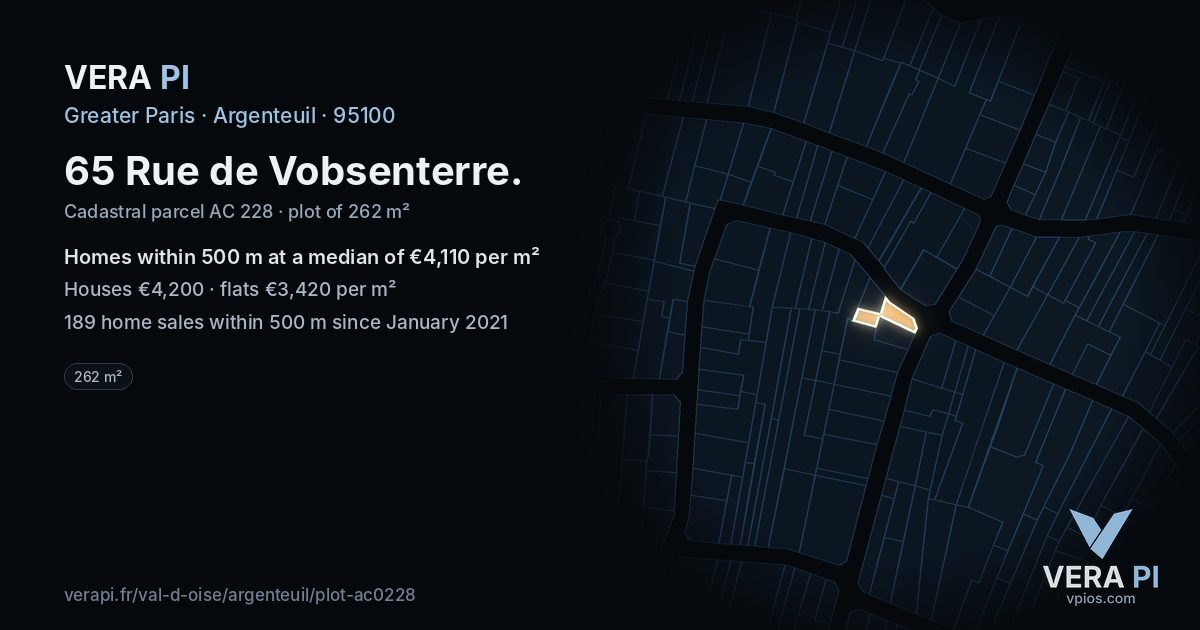 65 Rue de Vobsenterre, Argenteuil at night – the plot lit, the parcels around coloured by the prices near them