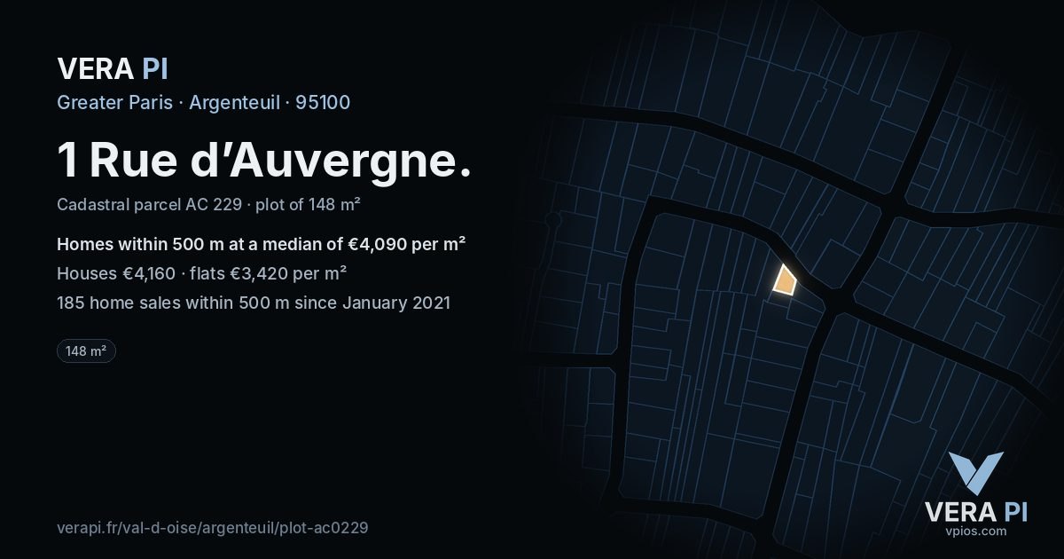 1 Rue d’Auvergne, Argenteuil at night – the plot lit, the parcels around coloured by the prices near them
